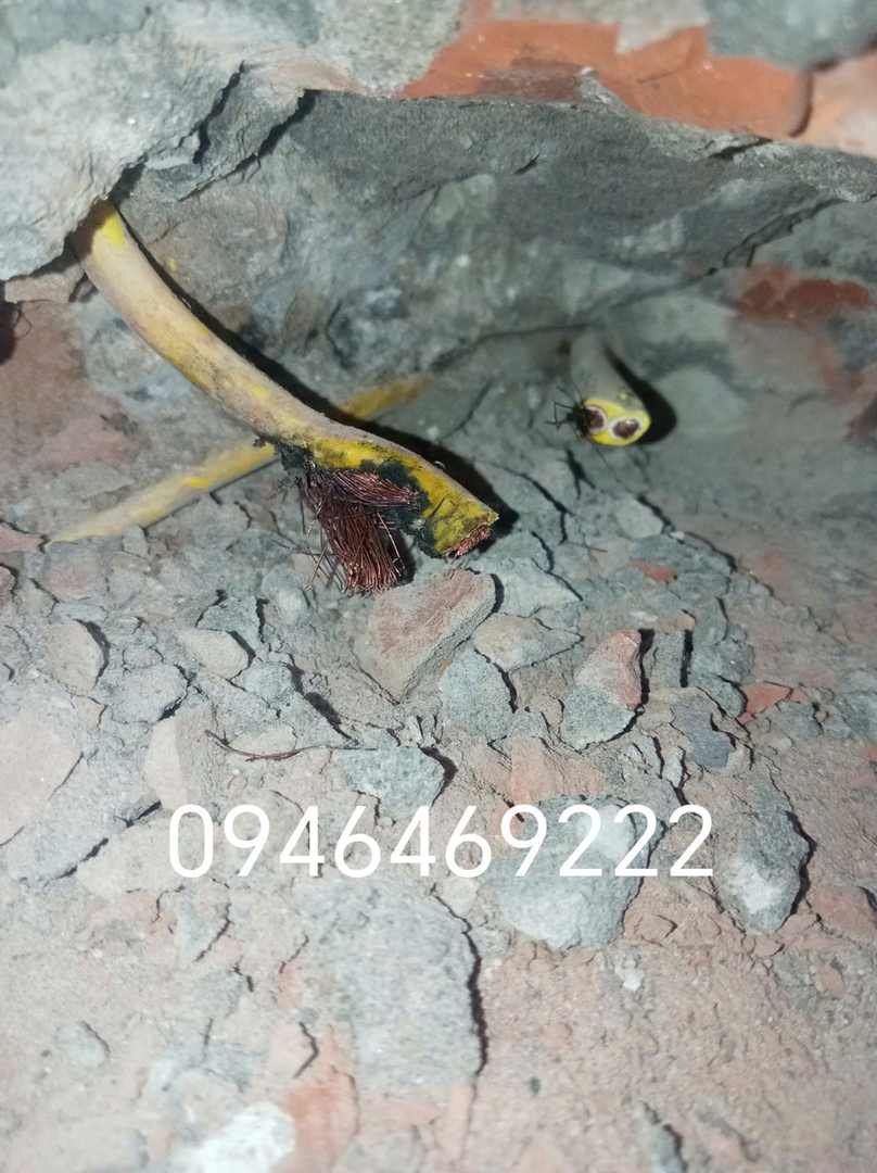 Đoạn dây điện lộ lõi sau khi khu vực tường được mở kiểm tra