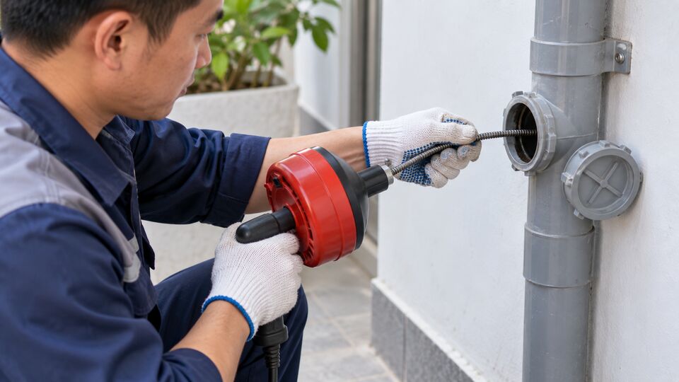 Đưa dây lò xo vào cửa kiểm tra đường ống